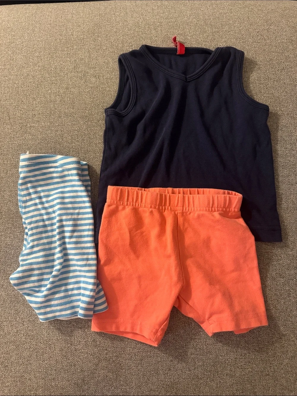 5/$15- Navy Tank Top with Coral Shorts and Blue Striped Leggings Set